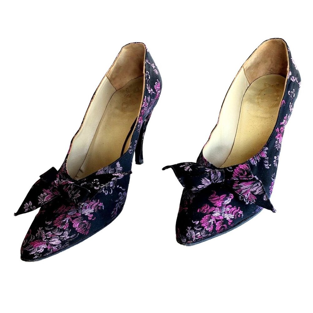 Authentic Pin Up Heels 6N, 1950s Spanish Handmade Silk Brocade Pumps, 6 - 6.5 N - Picture 5 of 11